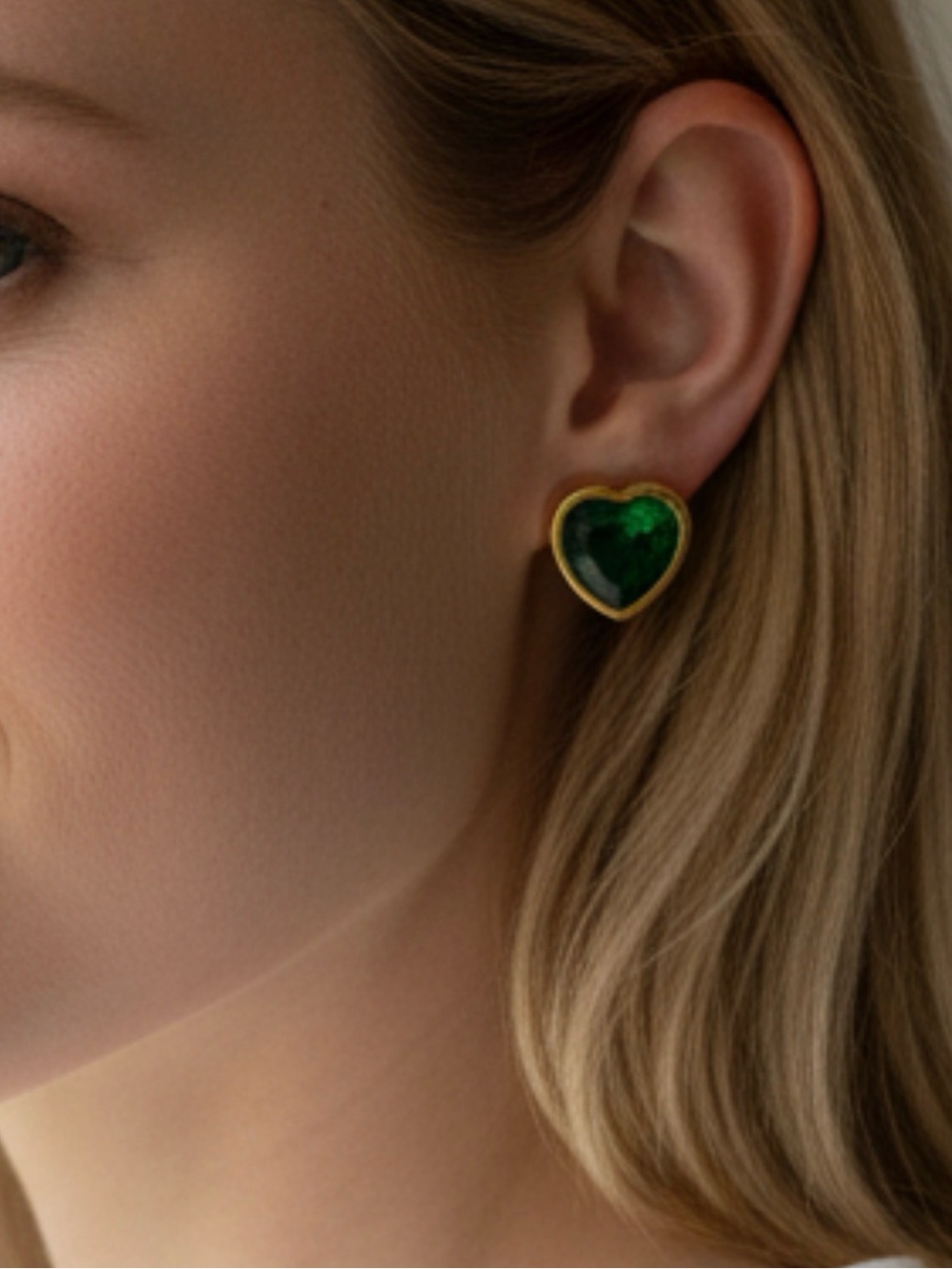 E10. Green True Heart Studs - 18K Gold Plated - New in Box - No Cancels